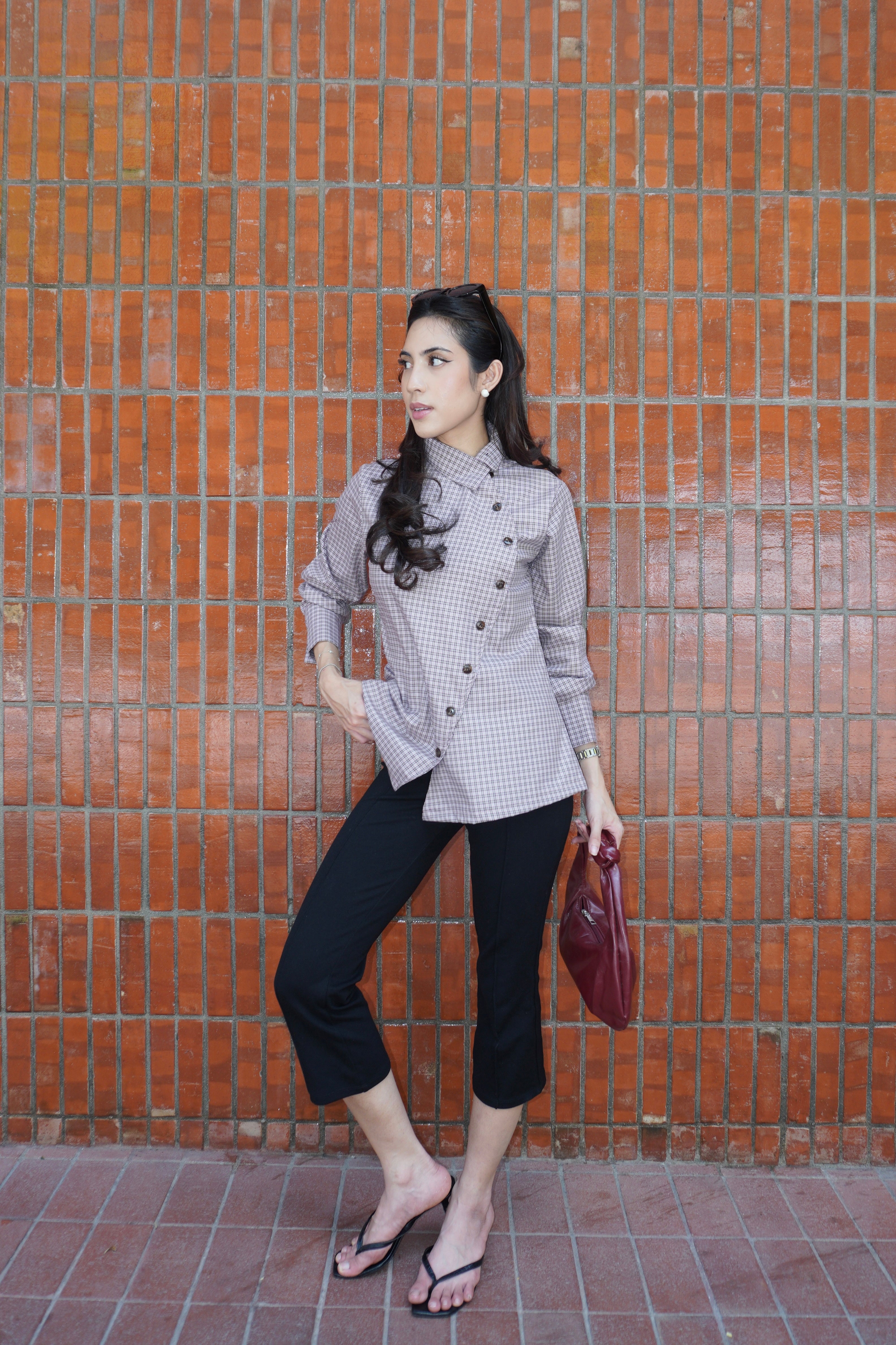Button Up Plaid Top (Pink Moss)