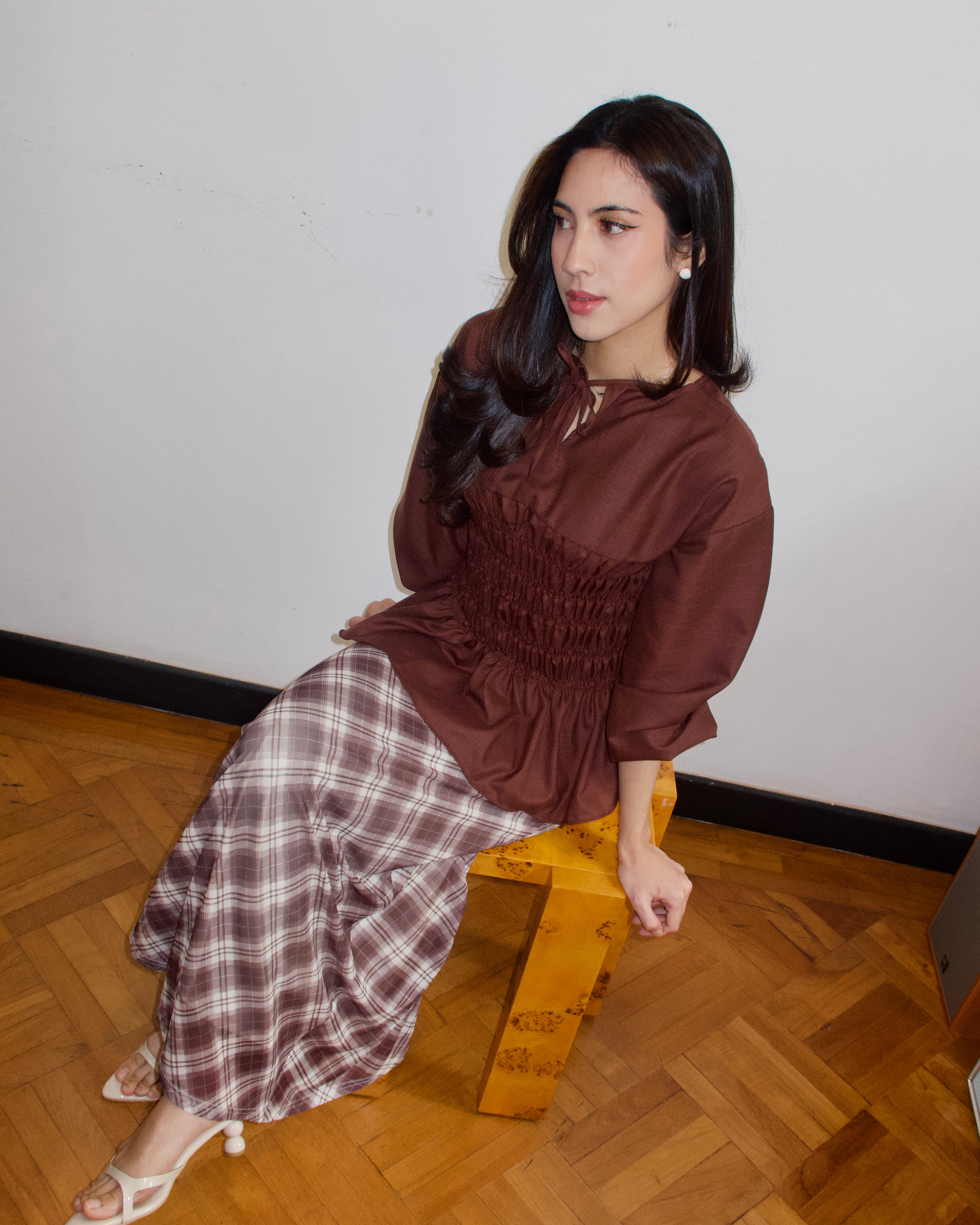 Ribbon Shirred Top (Brown)