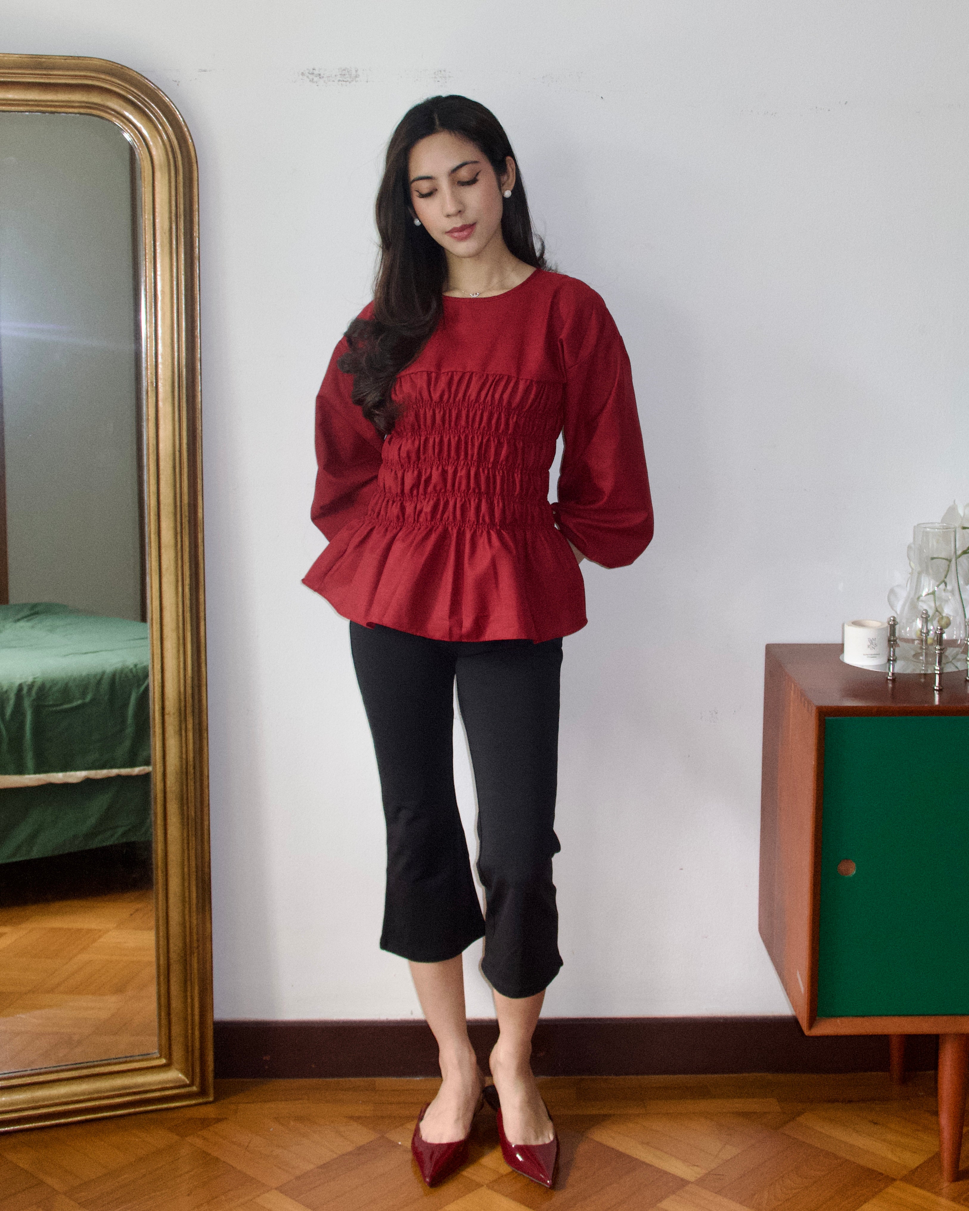 Ribbon Shirred Top (Burgundy)