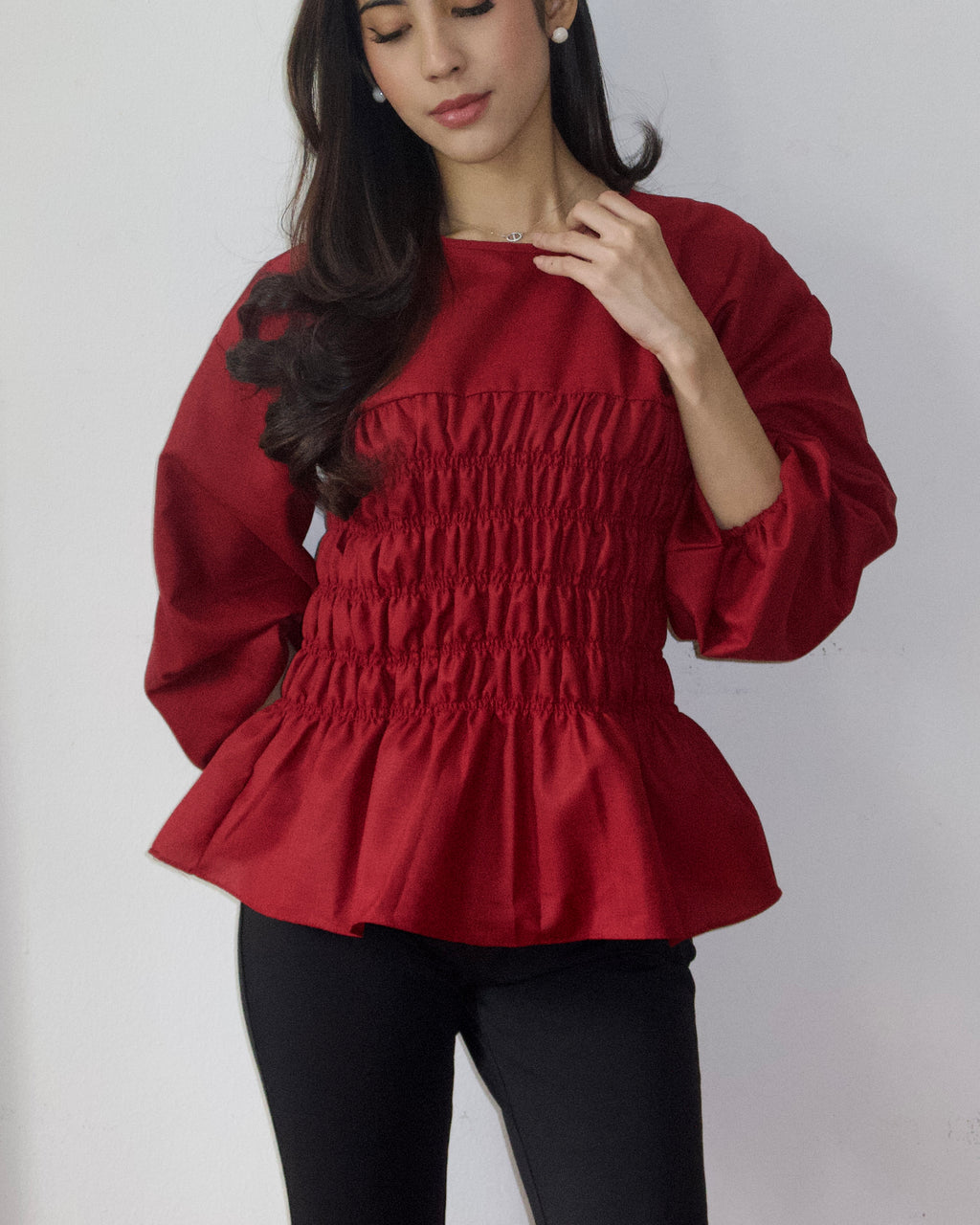 Ribbon Shirred Top (Burgundy)